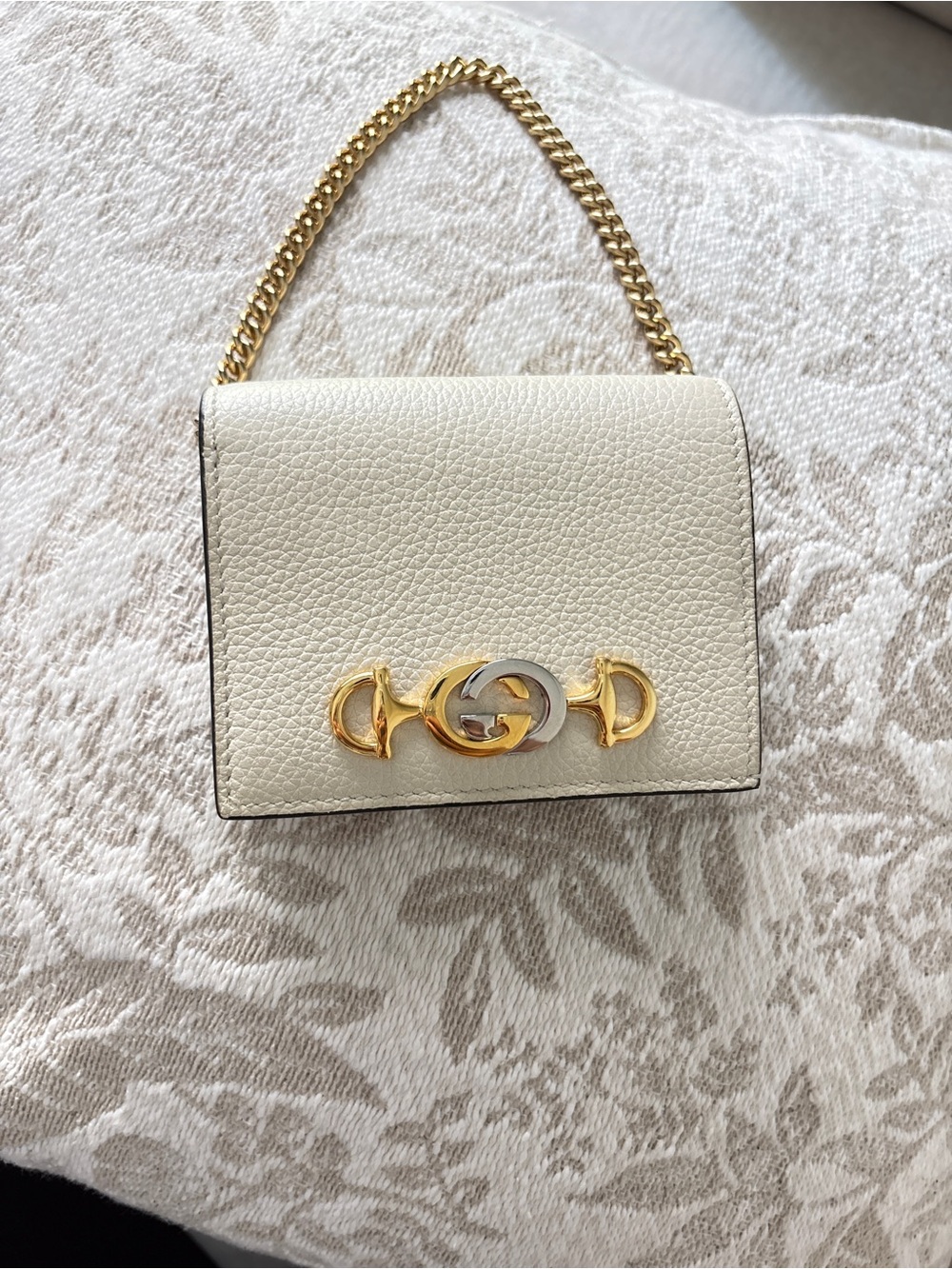 Gucci White Solid Chain Wallet Women's Logo Credit Card Holder
